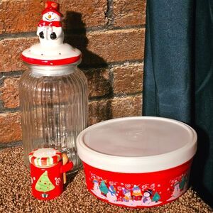 Seasonal Christmas Storage Containers Lot of 3 Snowman & Trees, Specialty Glass